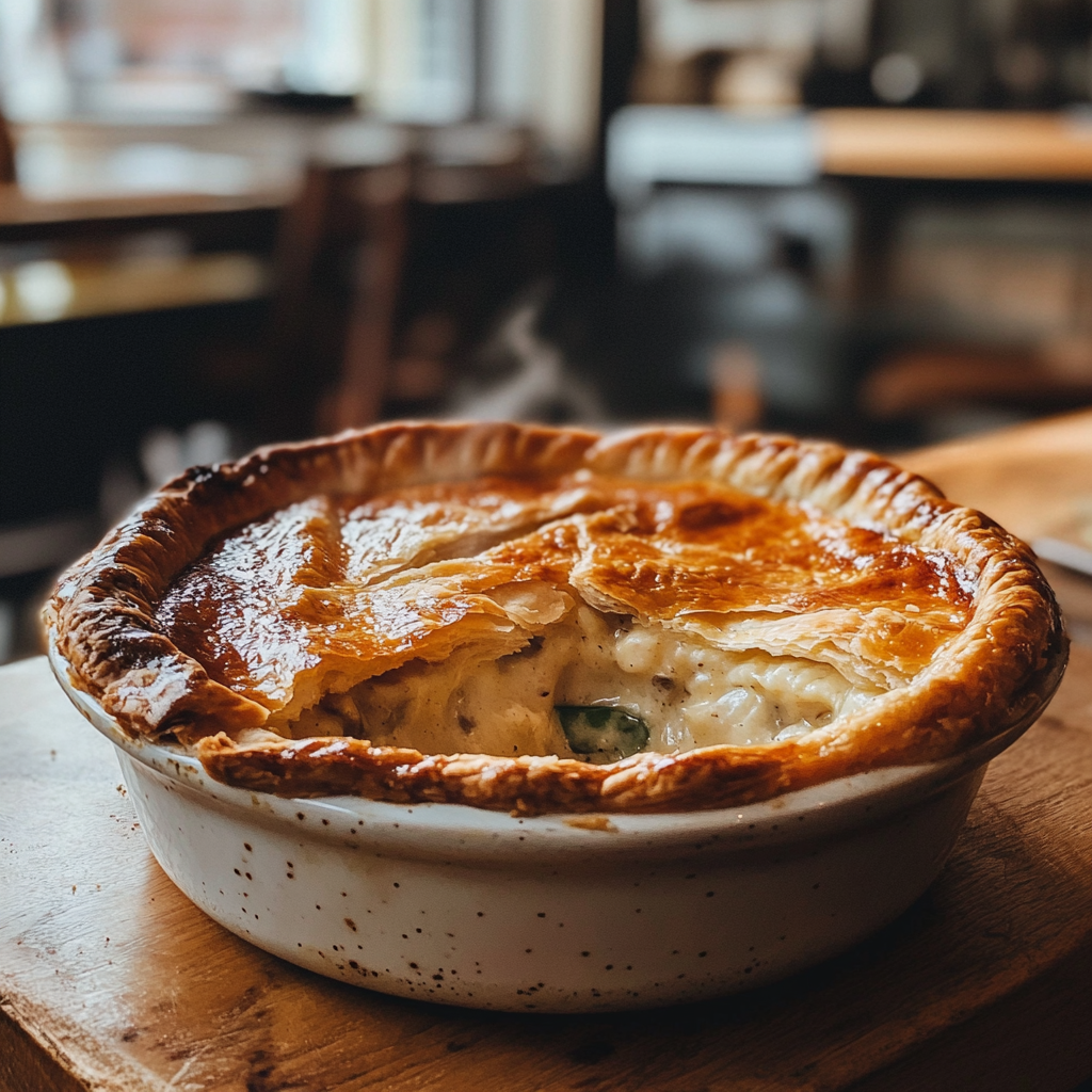 Golden chicken pot pie served in a rustic dish