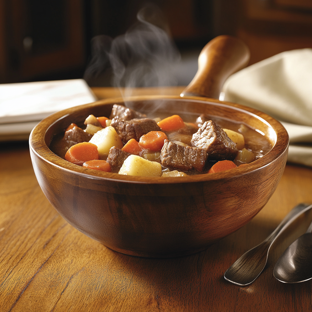 A hearty slow cooker beef stew served in a rustic bowl