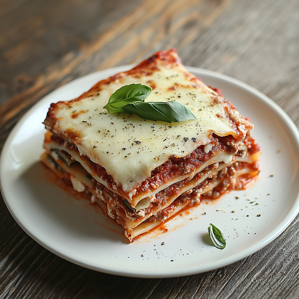 A classic lasagna slice on a plate, garnished with basil