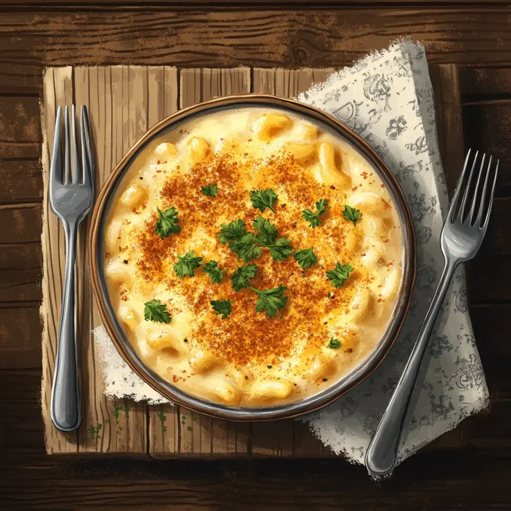 A bowl of creamy homemade mac and cheese garnished with parsley