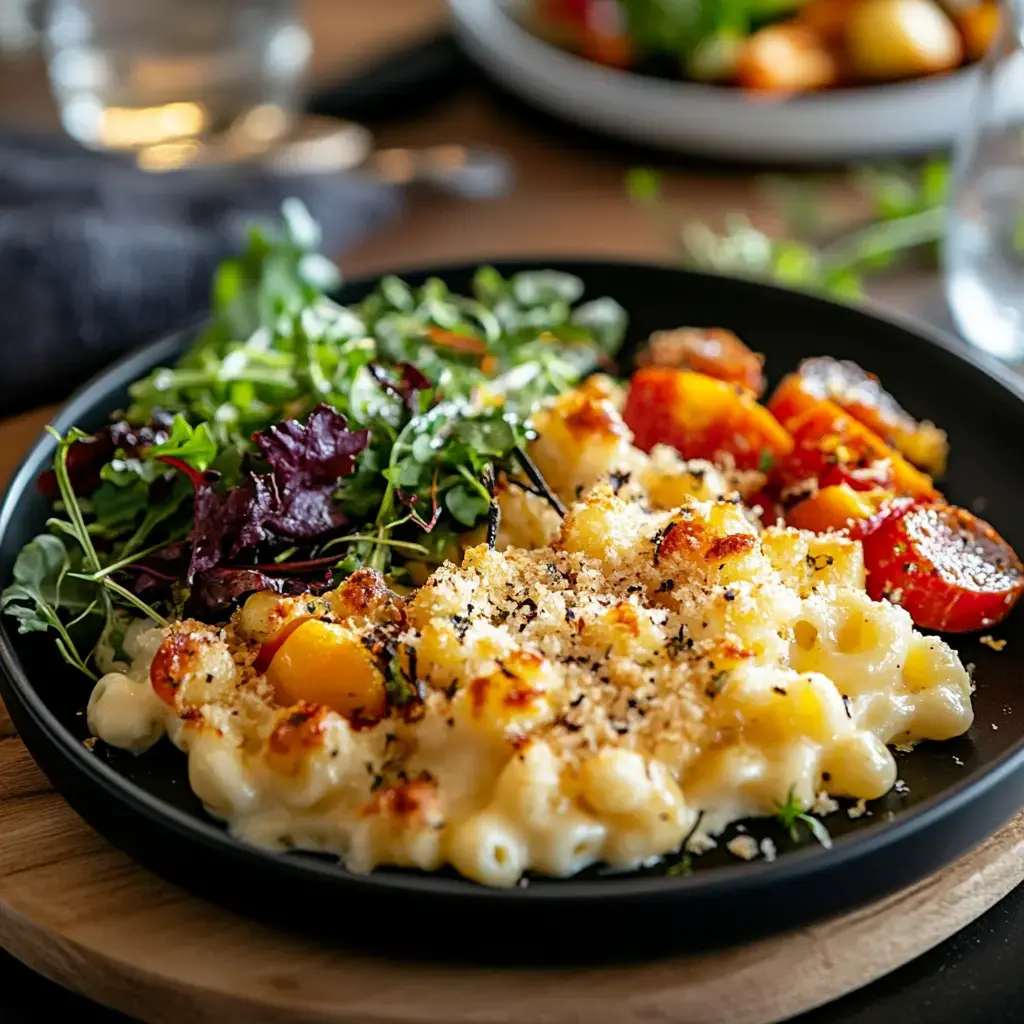 A family sharing a large dish of mac and cheese