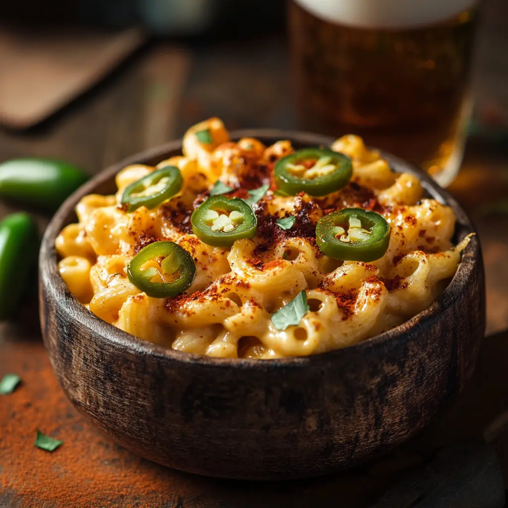 Spicy mac and cheese topped with jalapeños