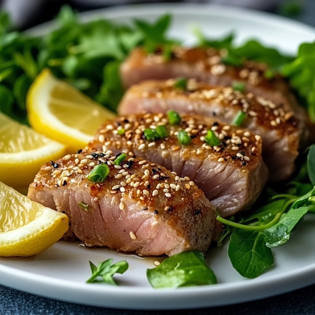 Air fryer tuna steak garnished with sesame seeds and lemon wedges