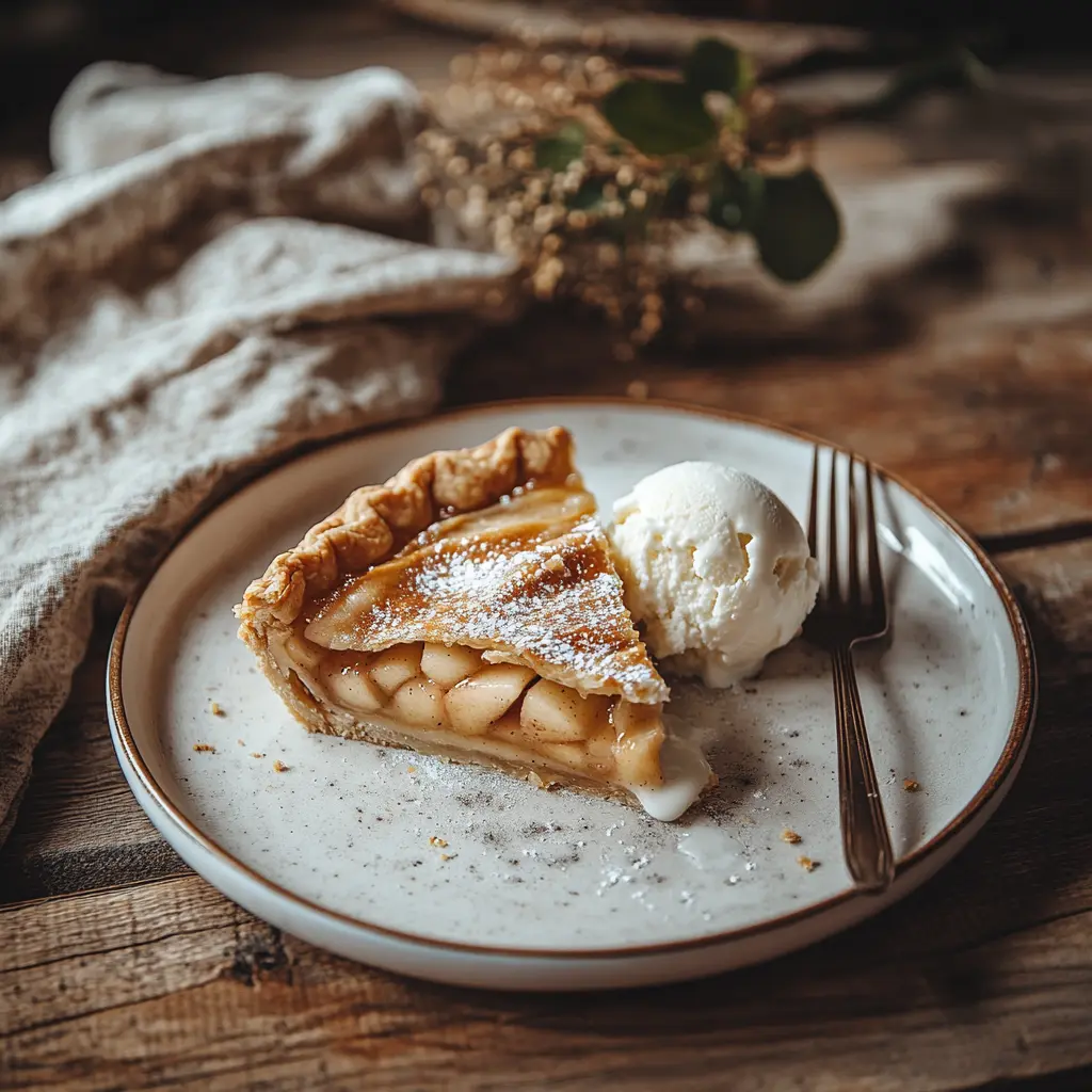 A slice of apple pie served with a scoop of vanilla ice cream