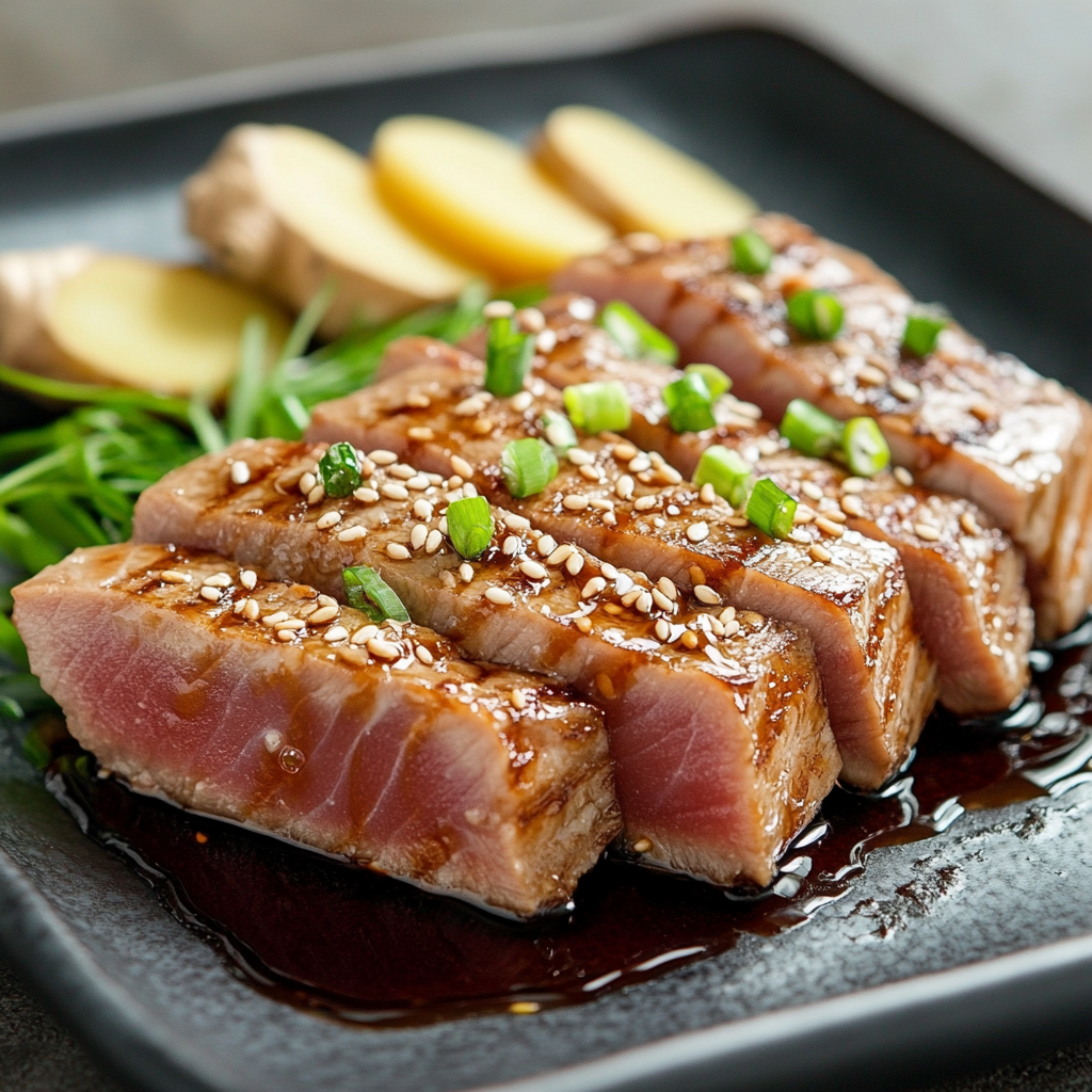 Asian-style tuna steak garnished with sesame seeds and soy sauce