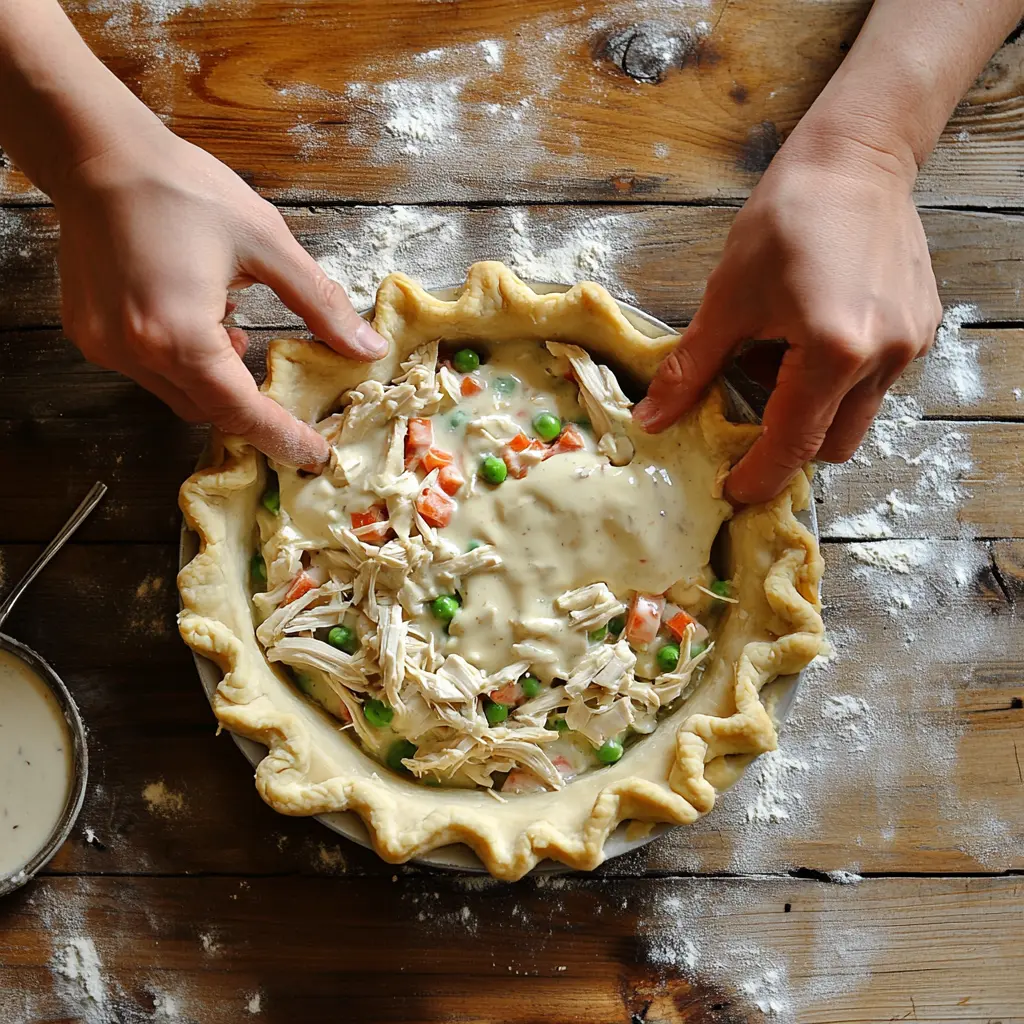 Assembling a chicken pot pie with Pillsbury crust