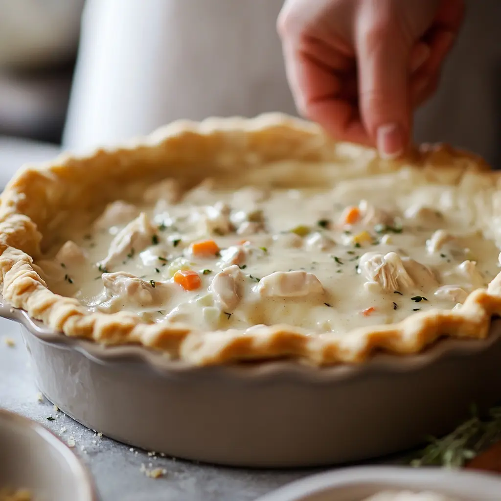 Assembling a chicken pot pie with creamy filling and top crust