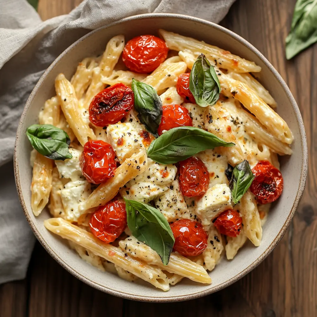 Baked feta pasta with cherry tomatoes and basil