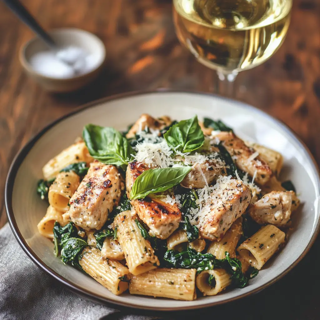 Baked feta pasta with added spinach and grilled chicken