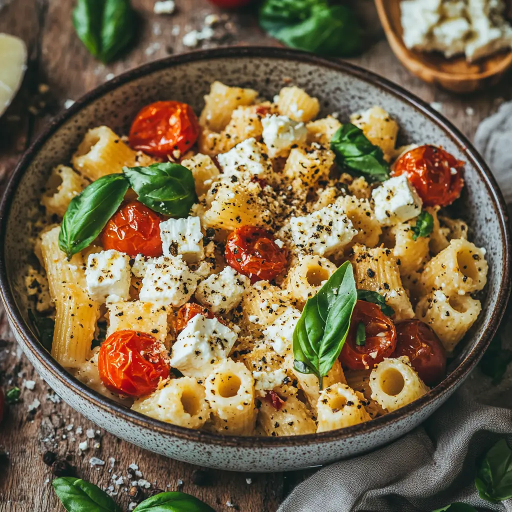 A close-up of baked feta pasta made with crumbled feta and roasted cherry tomatoes