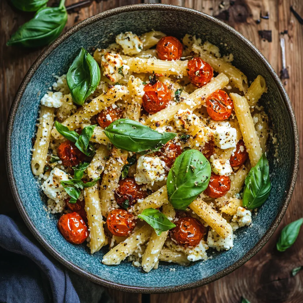 A close-up of baked feta pasta made with crumbled feta and roasted cherry tomatoes