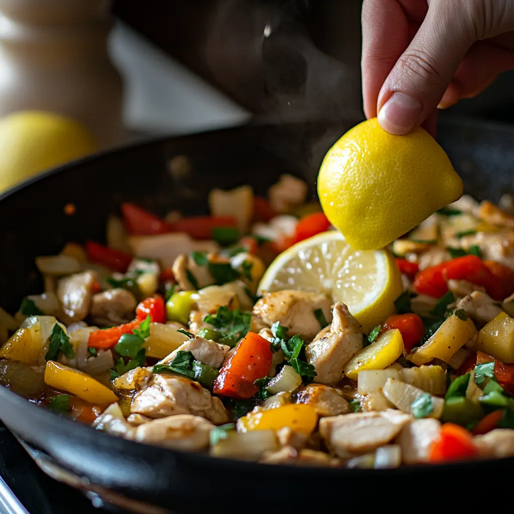 Squeezing lemon juice into a skillet of pot pie filling