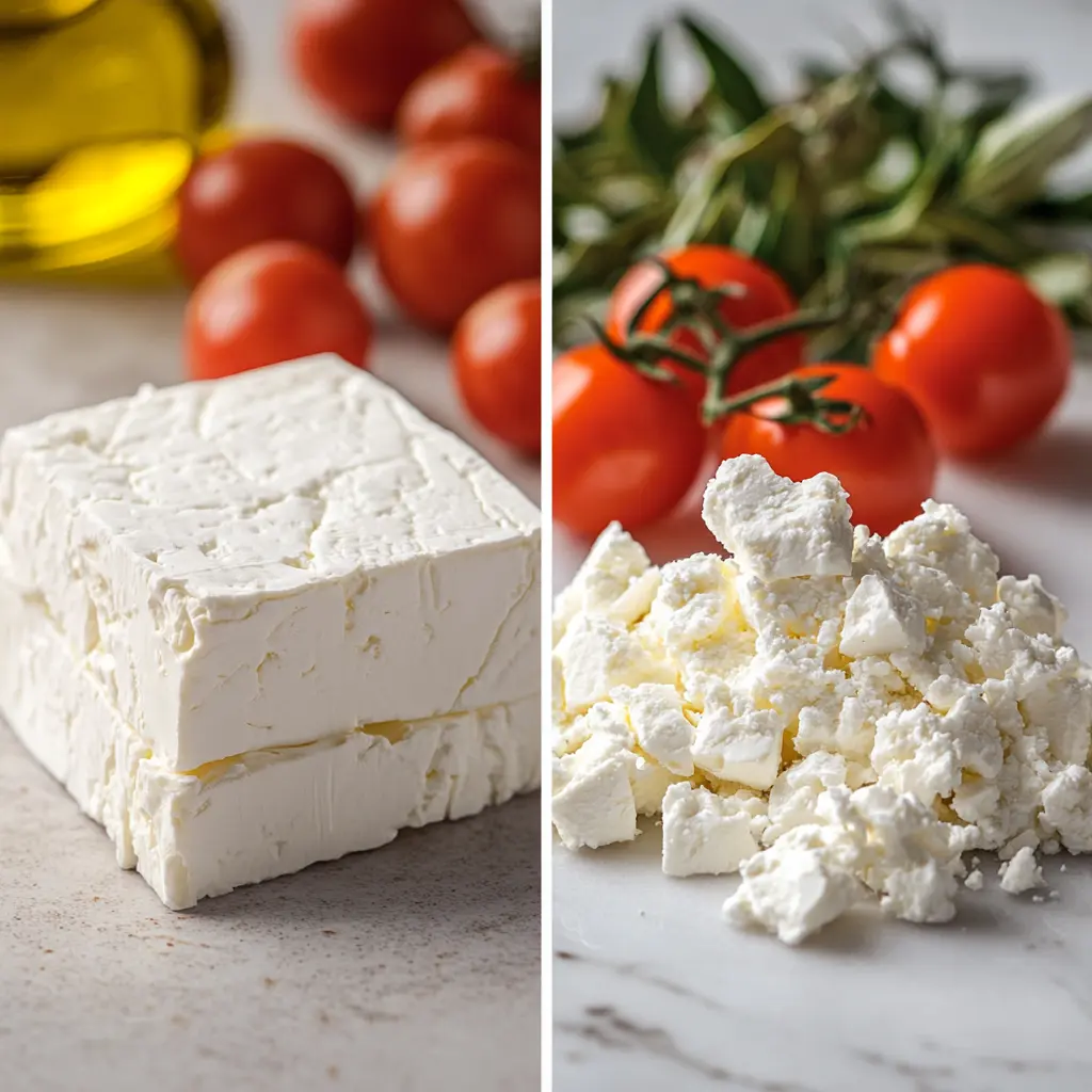 A side-by-side comparison of block feta and crumbled feta in small bowls. Can You Use Crumbled Feta for Baked Feta Pasta