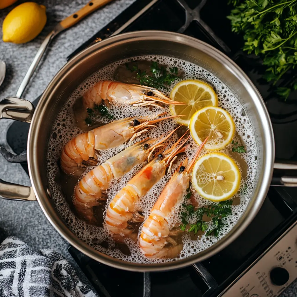  boiling in a pot with lemon slices and herbs