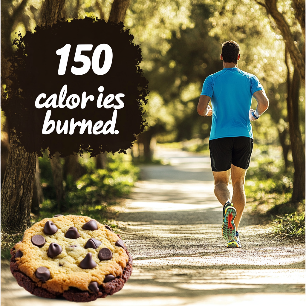 A person jogging outdoors with a chocolate chip cookie illustration