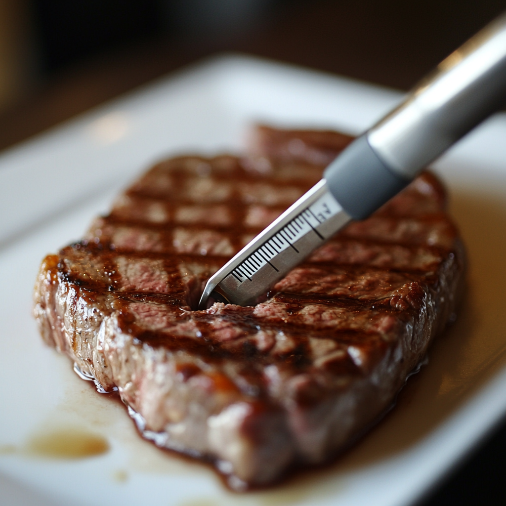 Checking steak temperature with a thermometer