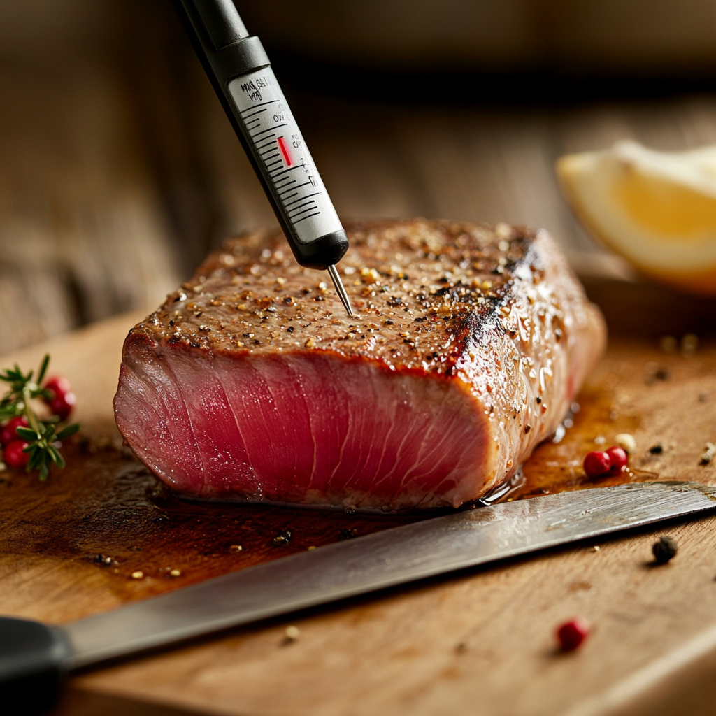 Meat thermometer checking tuna steak temperature. What Temperature to Cook Tuna Steak