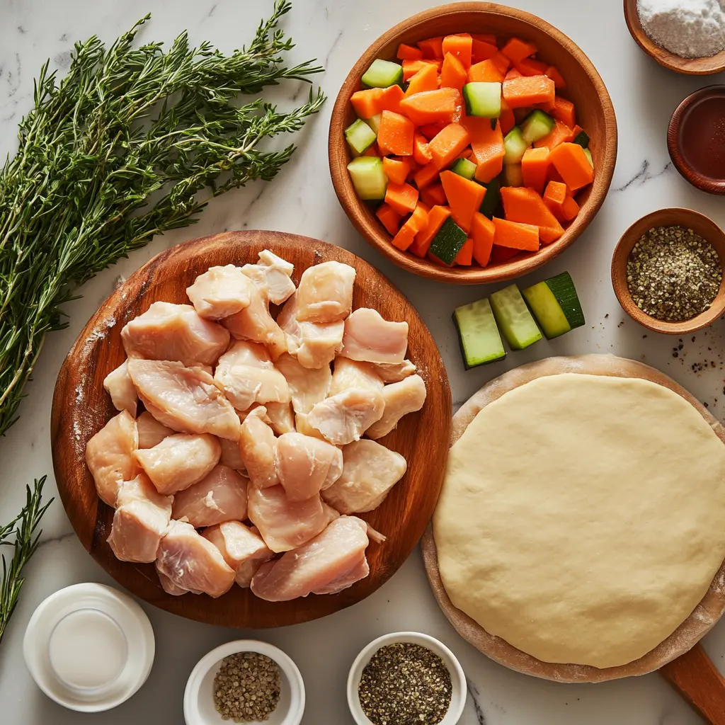 Fresh ingredients for chicken pot pie, including chicken, vegetables, and dough