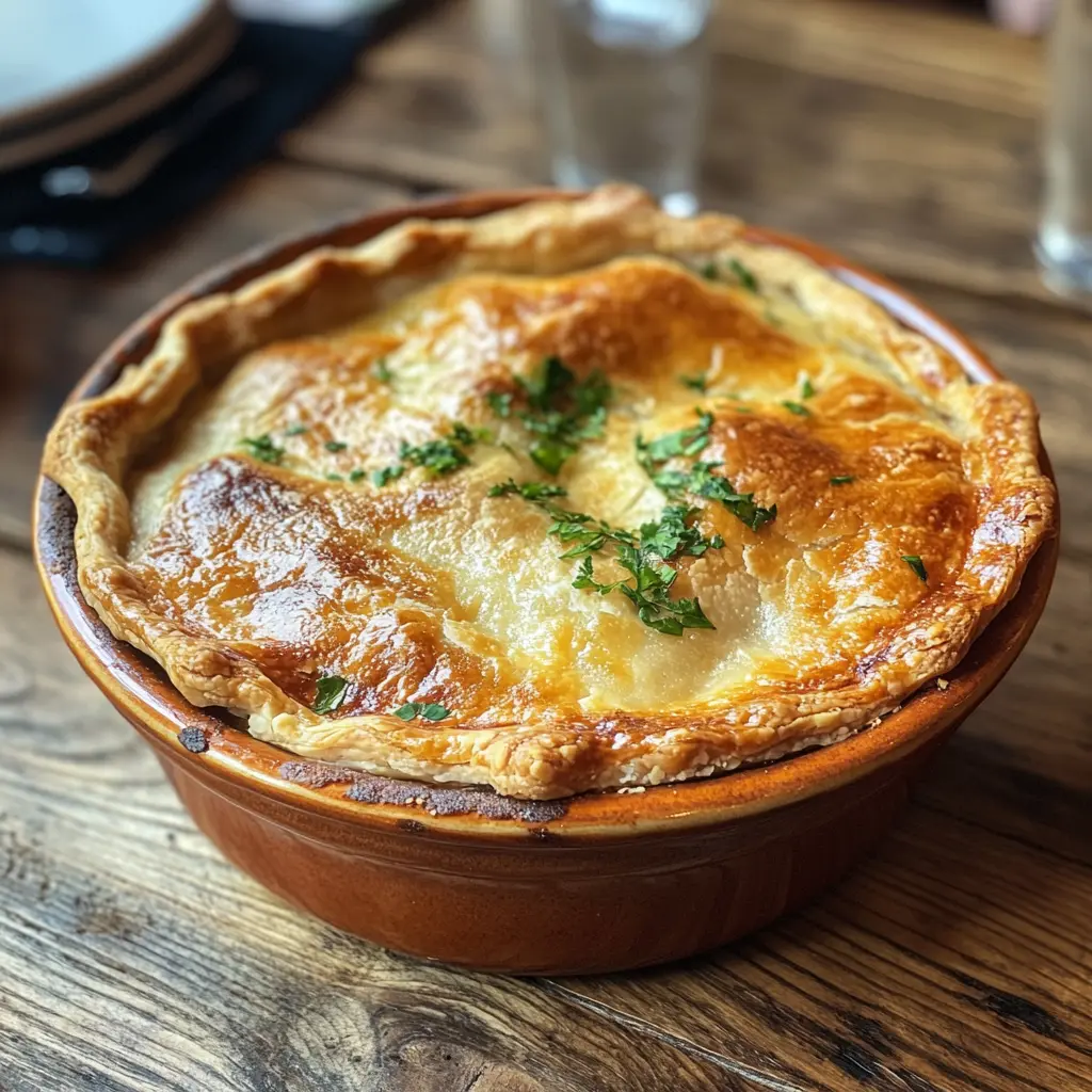 Chicken pot pie with a golden crust, made with Pillsbury products