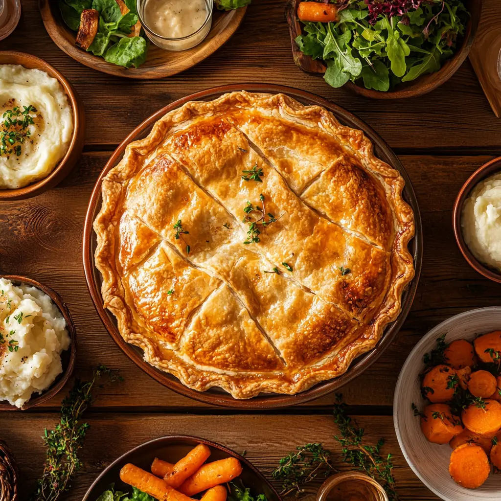 A beautifully plated chicken pot pie with sides and garnishes on a rustic table