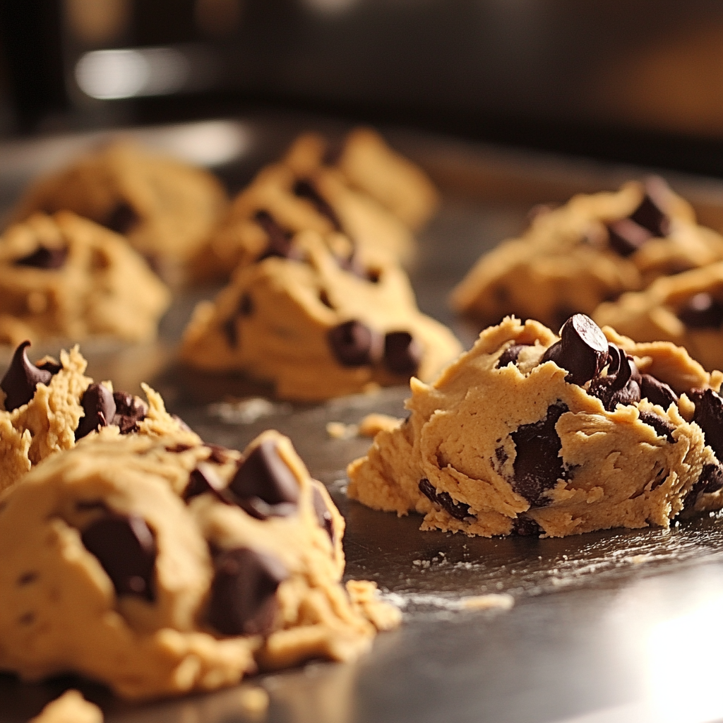 Close-up of chocolate chip cookie dough before baking