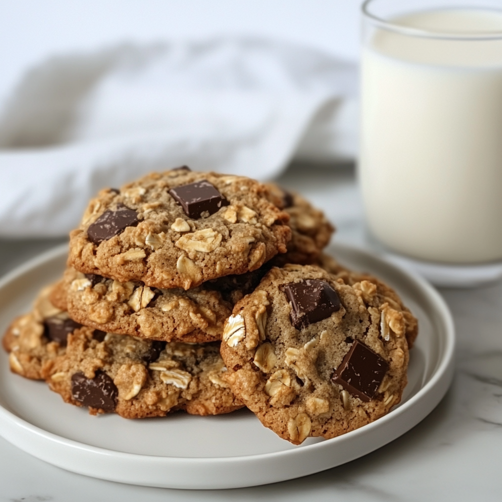 Chocolate chip cookies with walnuts and oats on a plate