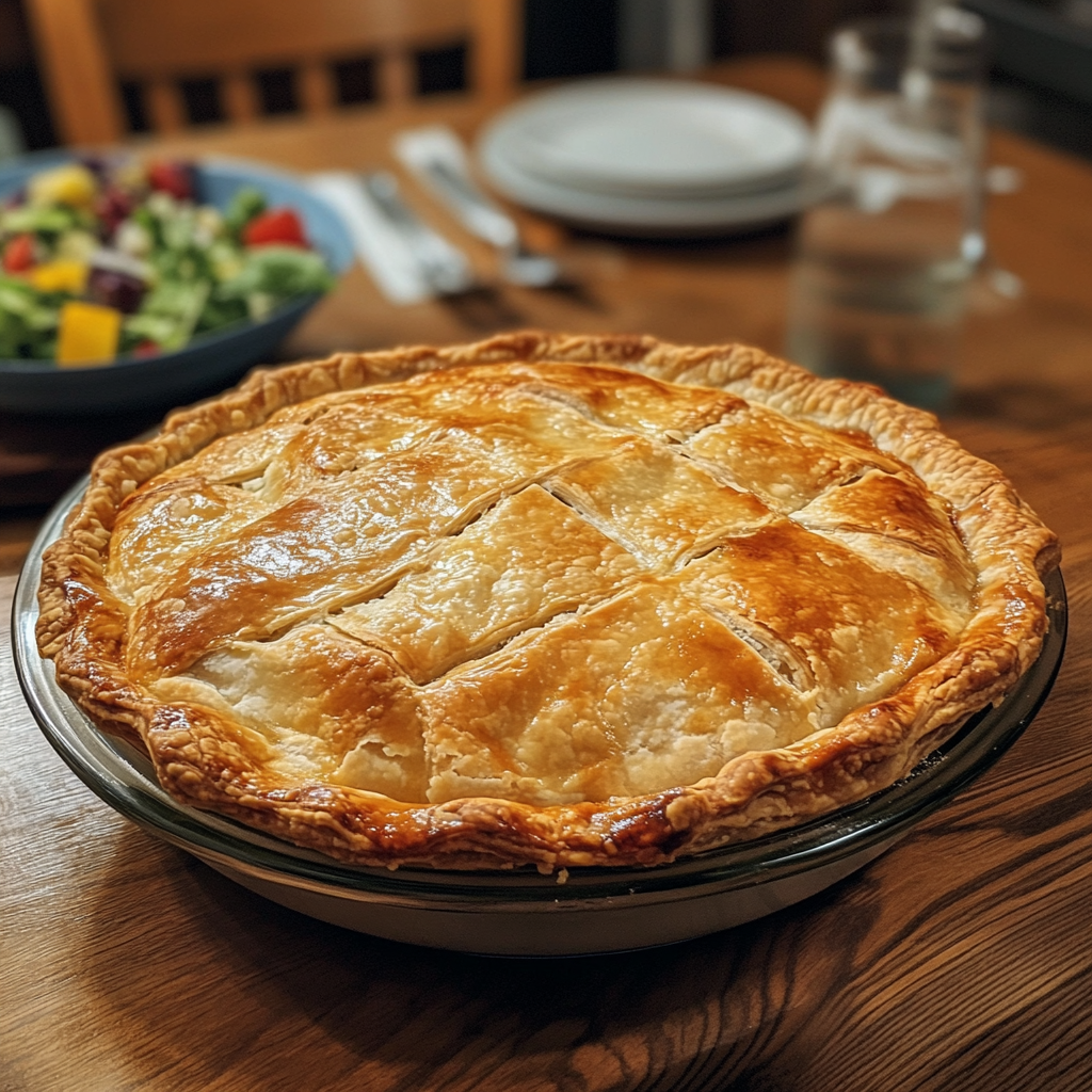 Homemade chicken pot pie with a golden crust served on a wooden table