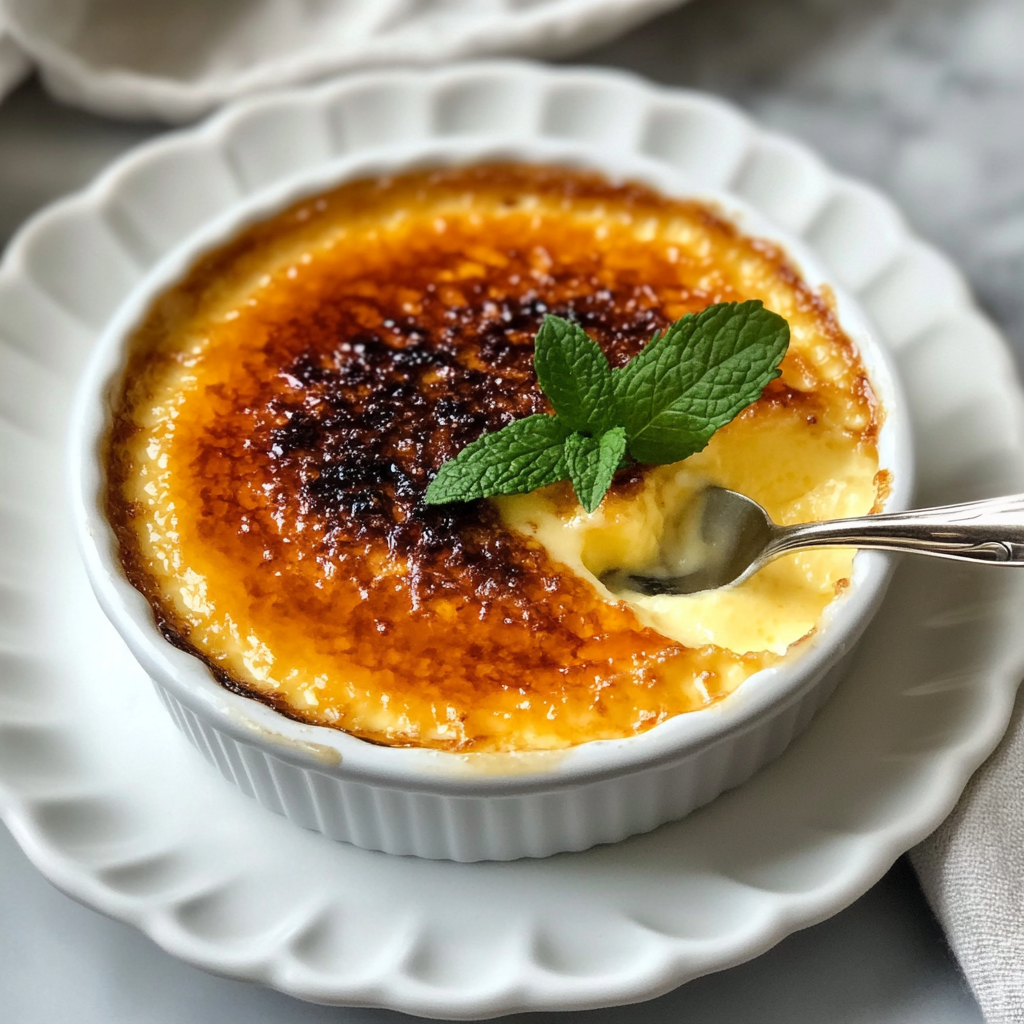 the Difference Between Crème Brulee and Custard . Crème brûlée in a white ramekin with a spoon cracking the caramelized top