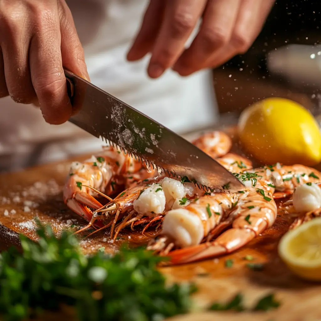 A chef cleaning langoustine tails with a knife on a wooden cutting board