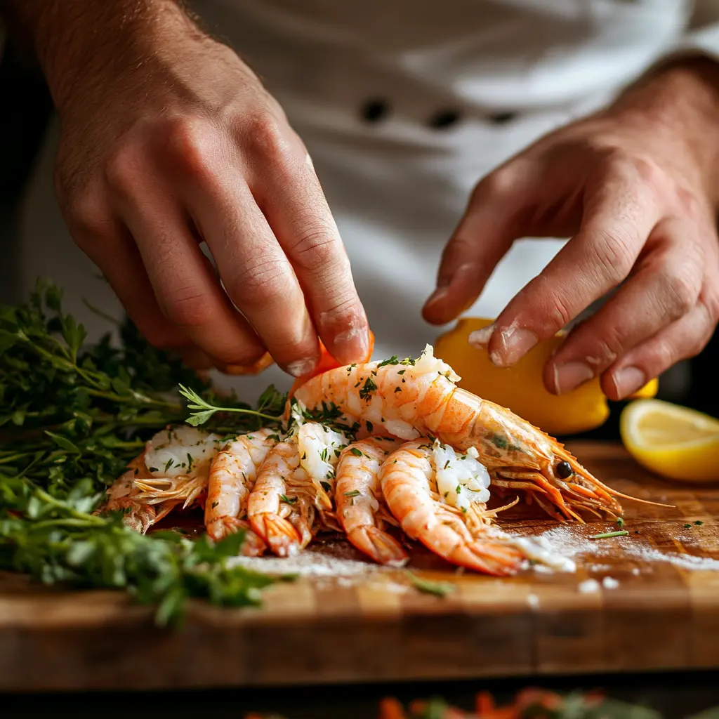 A chef removing the shell from a langoustine on a cutting board