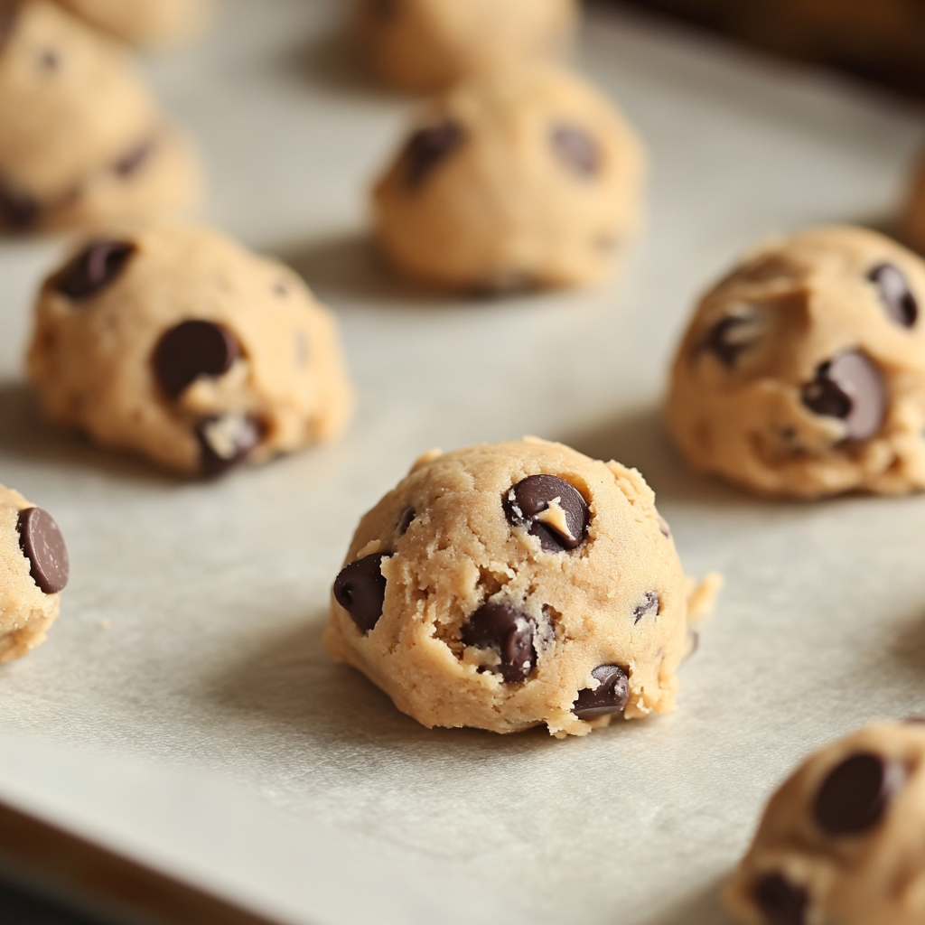 Raw cookie dough balls arranged on a baking sheet