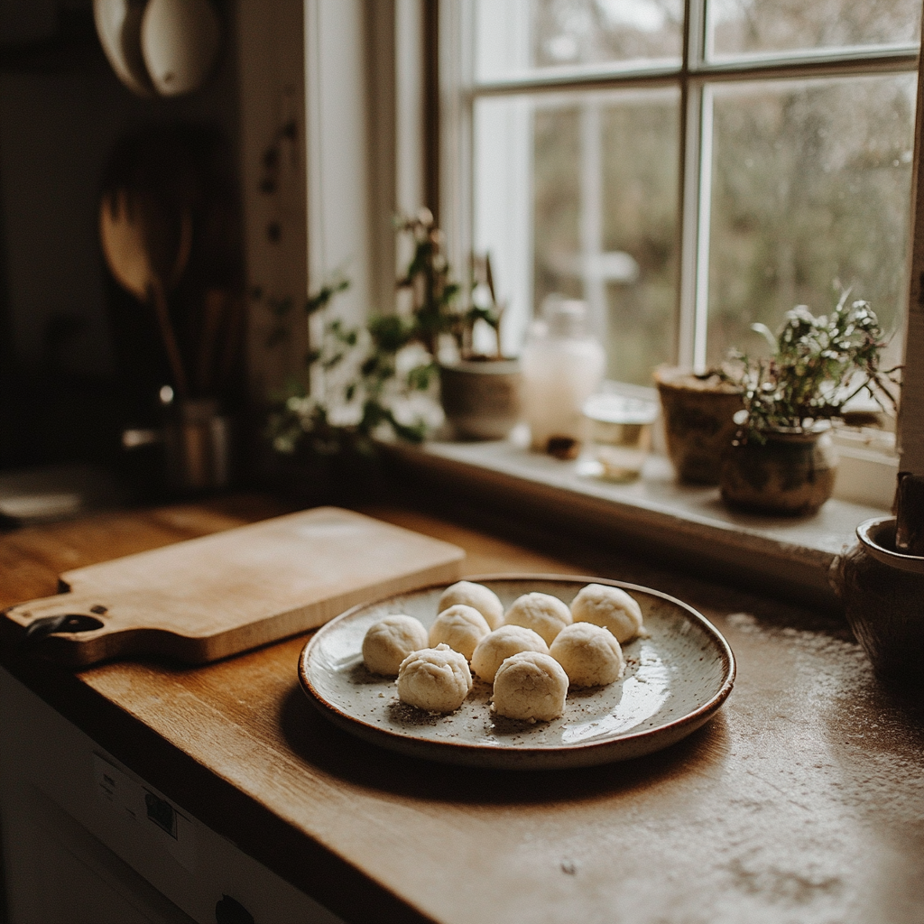 Frozen cookie dough balls softening on the counter