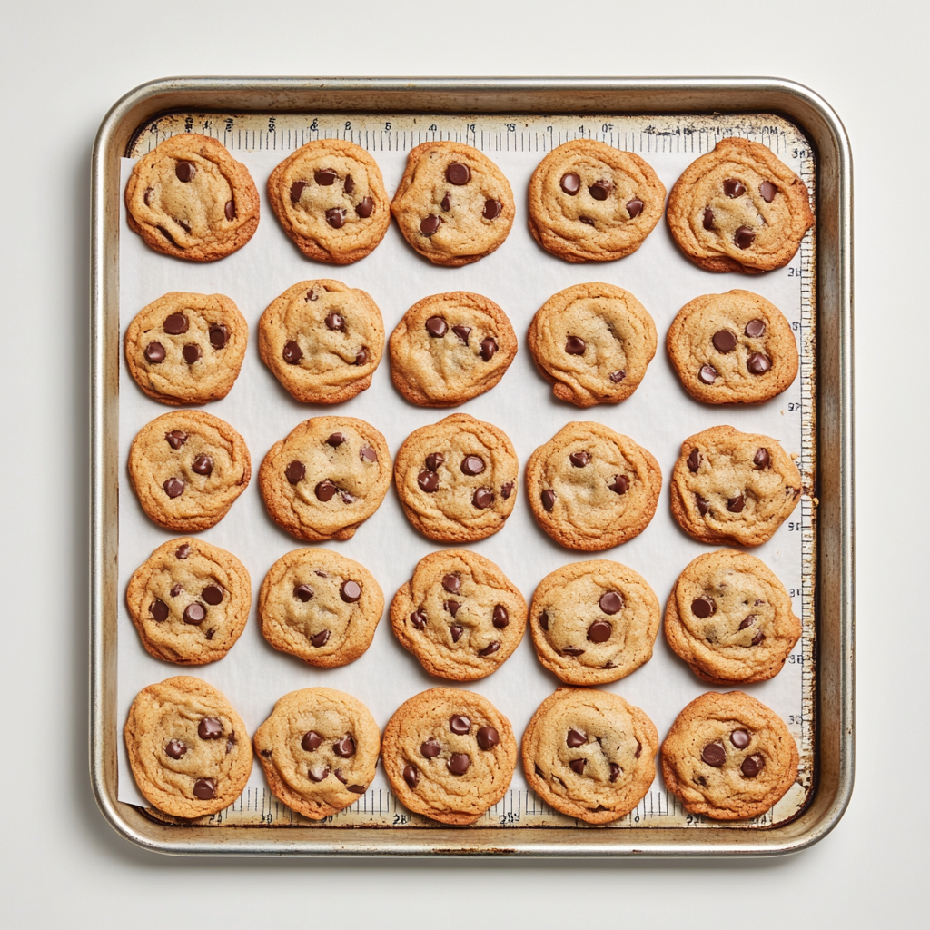 Chocolate chip cookies of various sizes arranged on a baking tray. How Many Calories in a Chocolate Chip Cookie