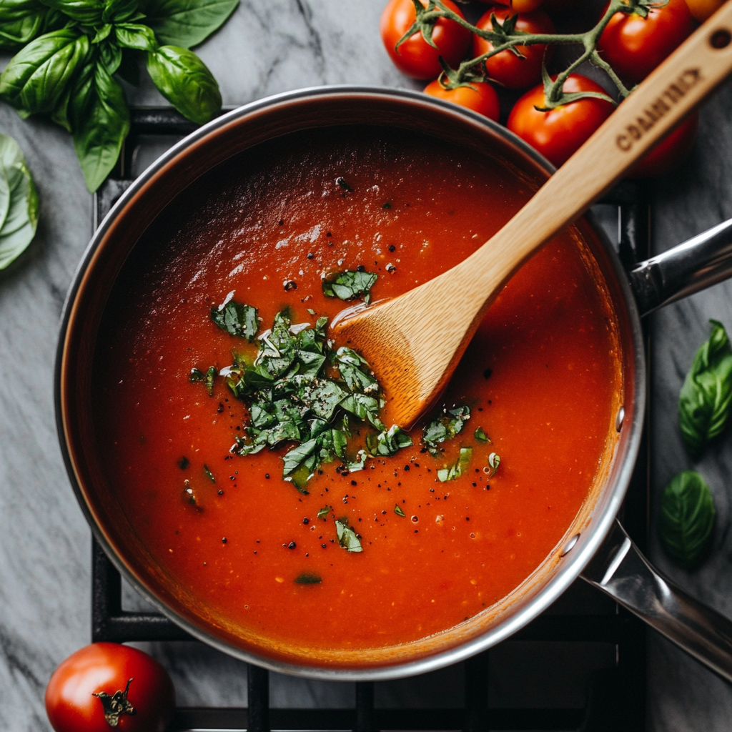 Tomato soup being stirred in a saucepan