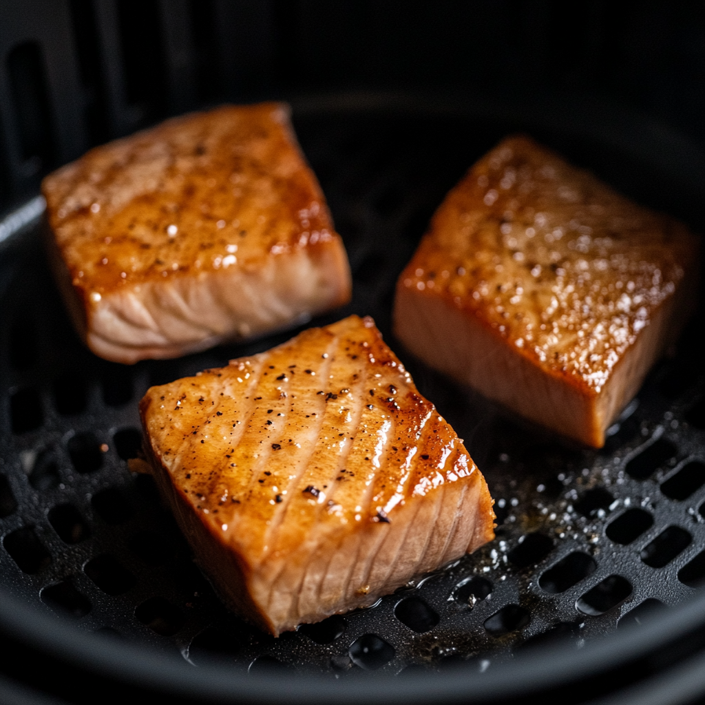 Frozen tuna steaks in an air fryer basket