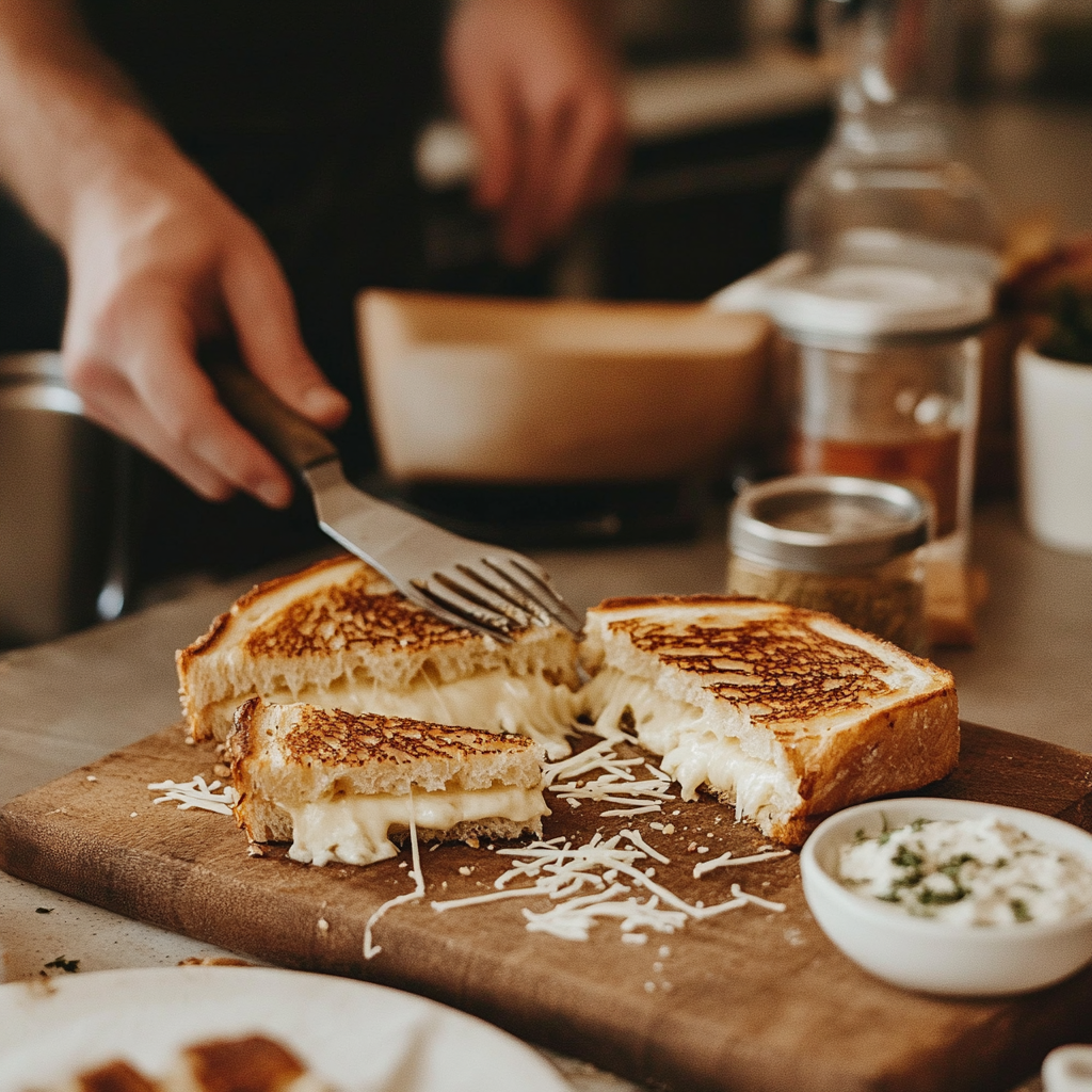 A close-up of a grilled cheese sandwich browning in a hot skillet, with melted cheese oozing out