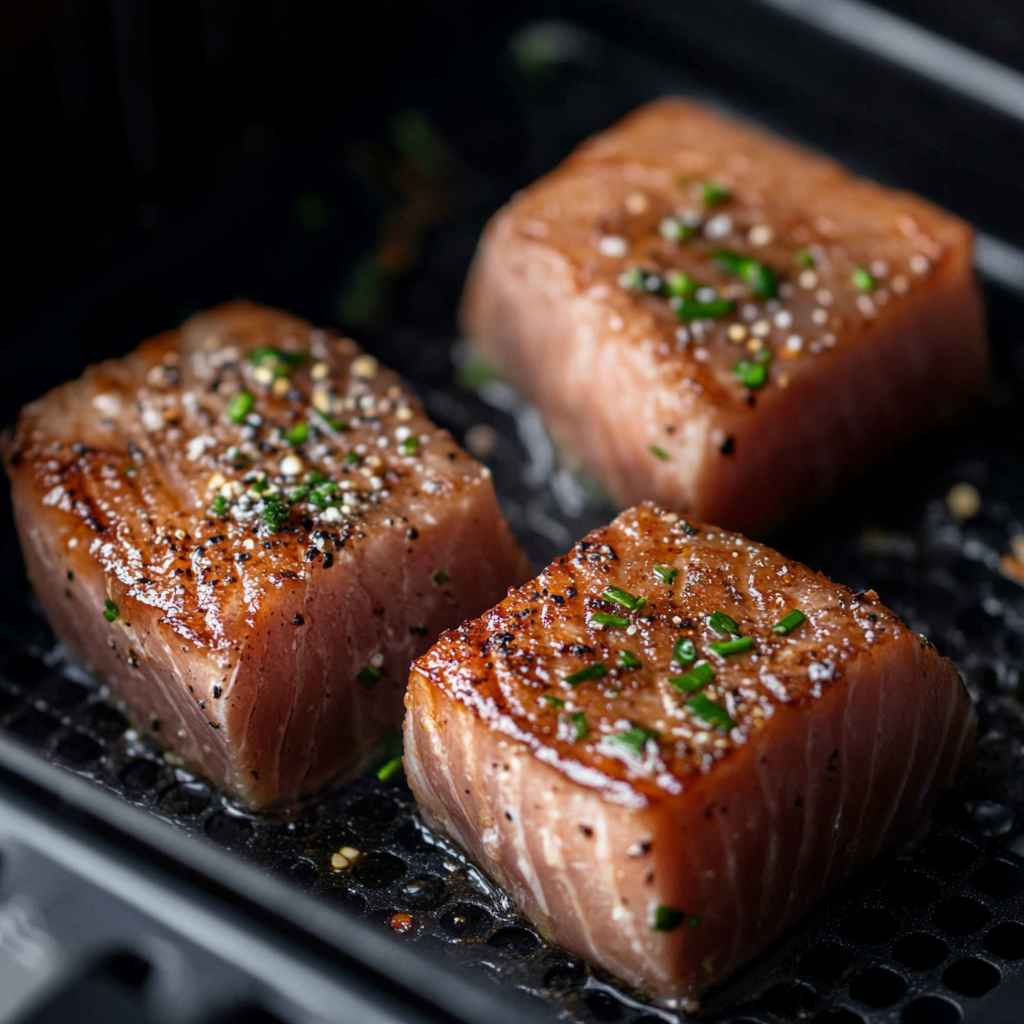 Tuna steaks cooking in an air fryer basket