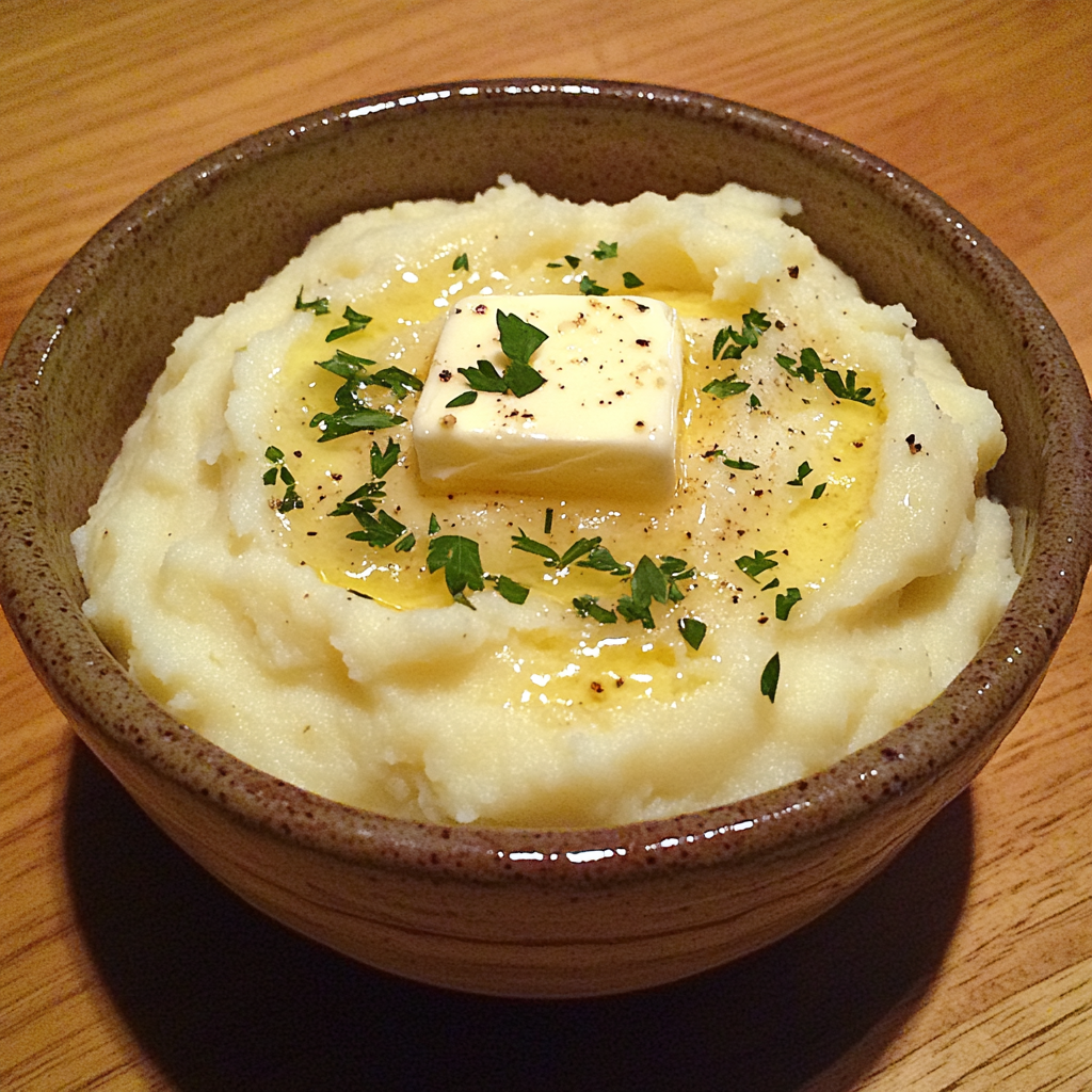 A bowl of creamy mashed potatoes garnished with parsley