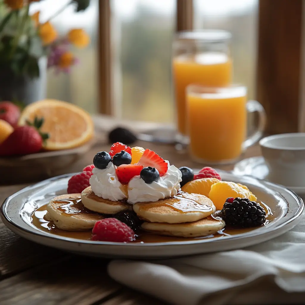 Eggo mini pancakes with toppings on a breakfast table