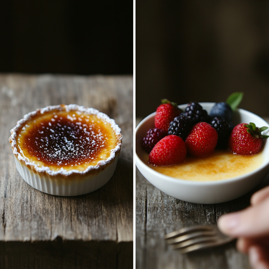 Side-by-side view of crème brûlée with caramelized topping and a bowl of smooth custard