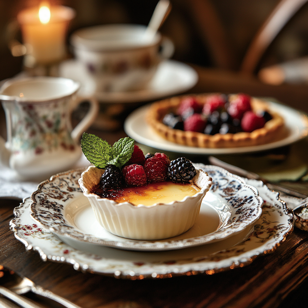 Crème brûlée served elegantly with mint garnish next to a custard tart with fresh fruit