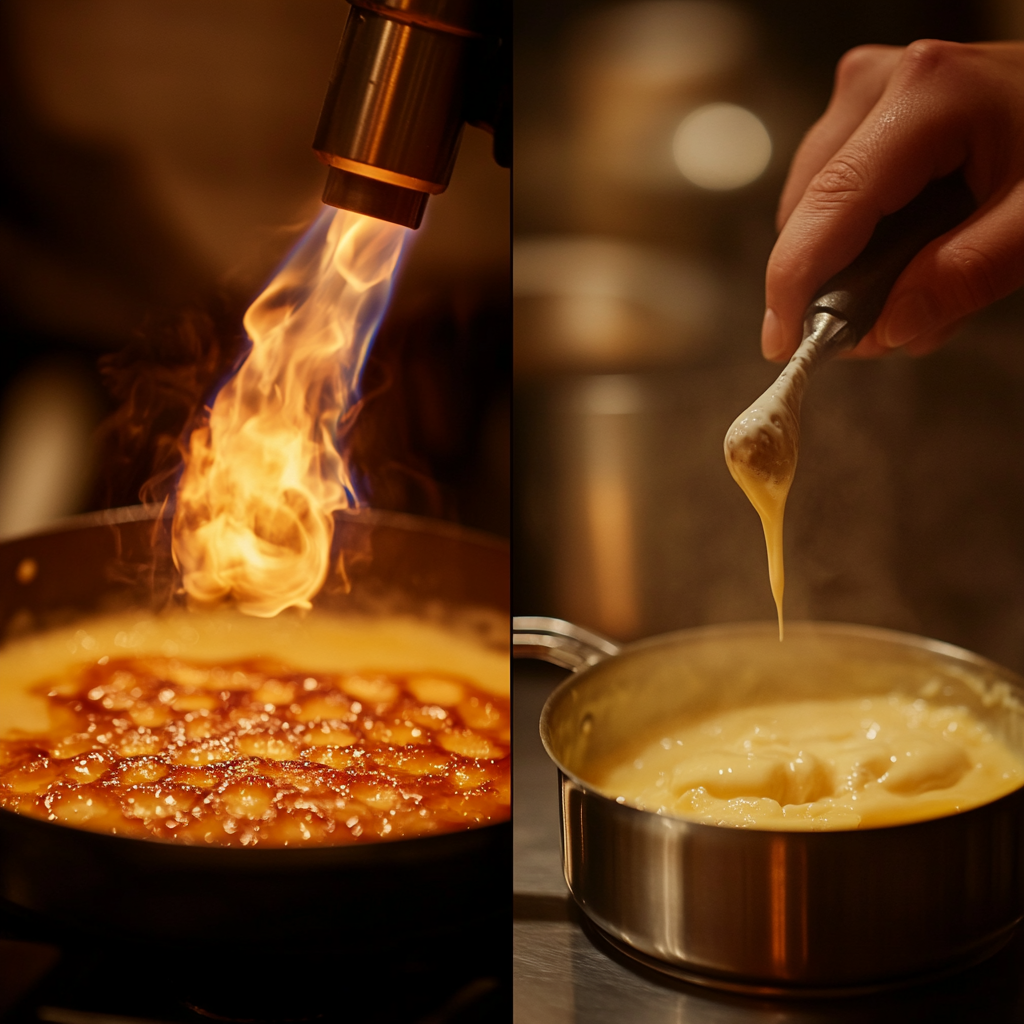 A side-by-side display of crème brûlée preparation with a torch and custard being cooked on a stovetop