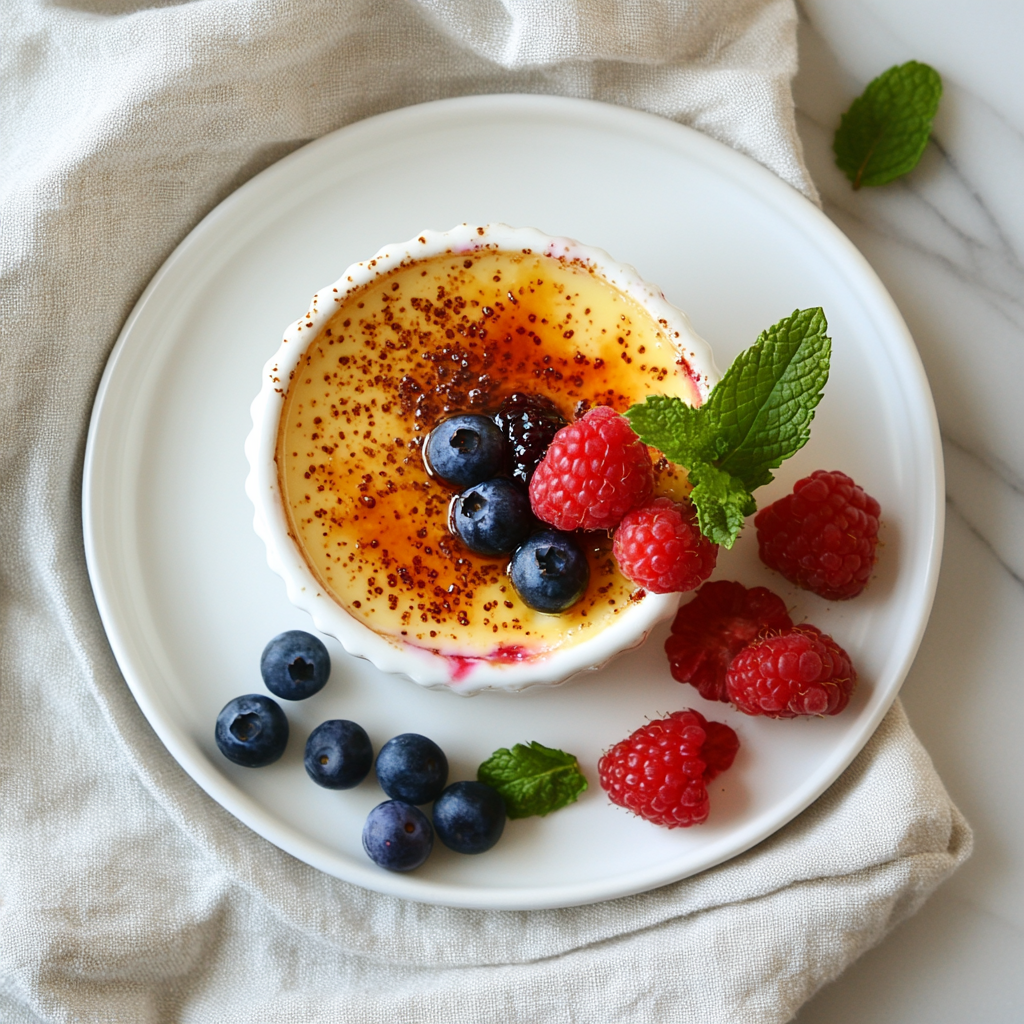 Classic crème brûlée with caramelized sugar topping served in a ramekin