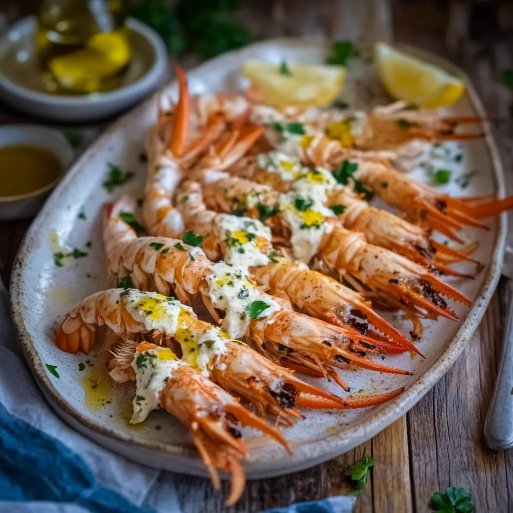 Grilled langoustines served on a platter with garlic butter and herbs