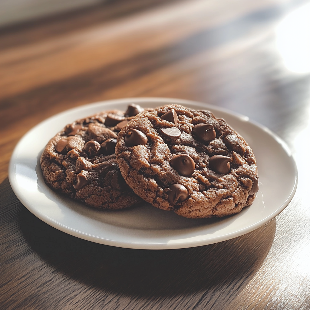 A plate of double chocolate chip cookies