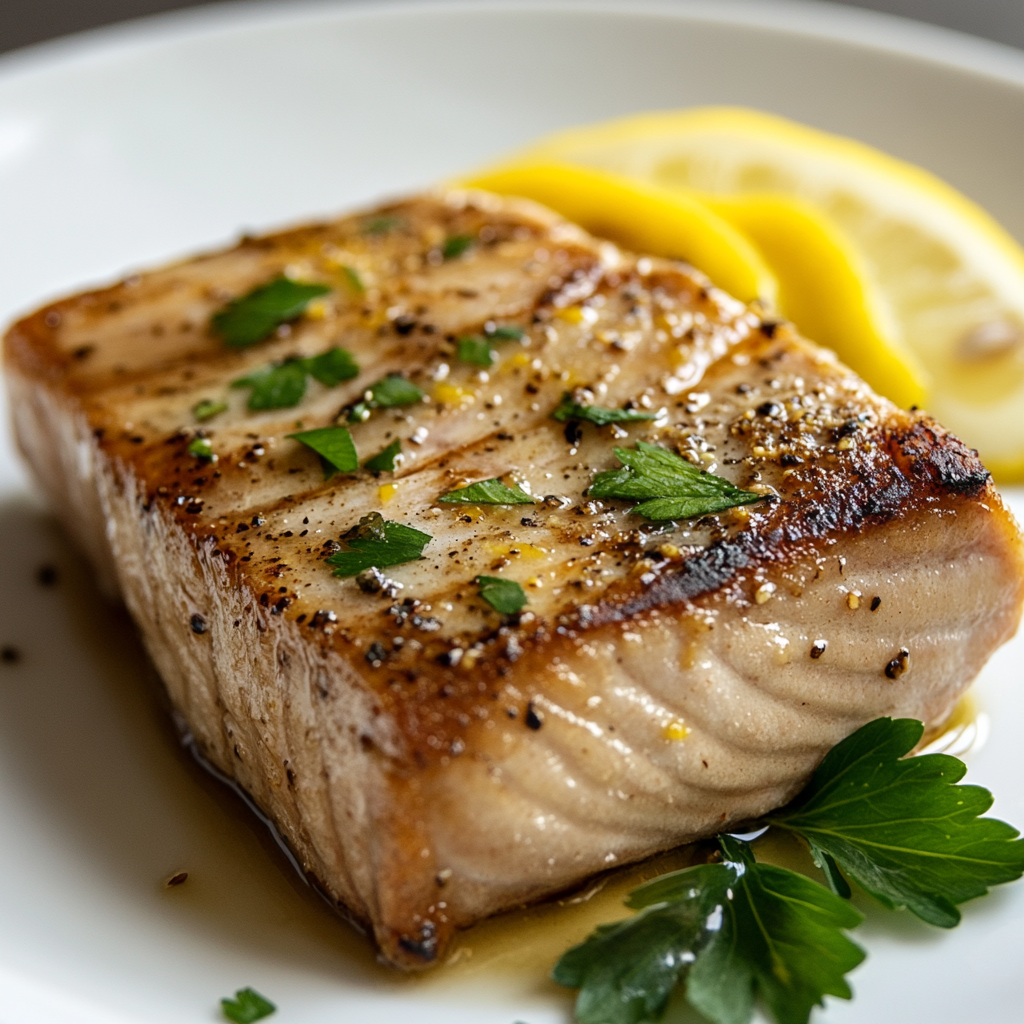 Air fryer tuna steak with lemon slices and parsley garnish