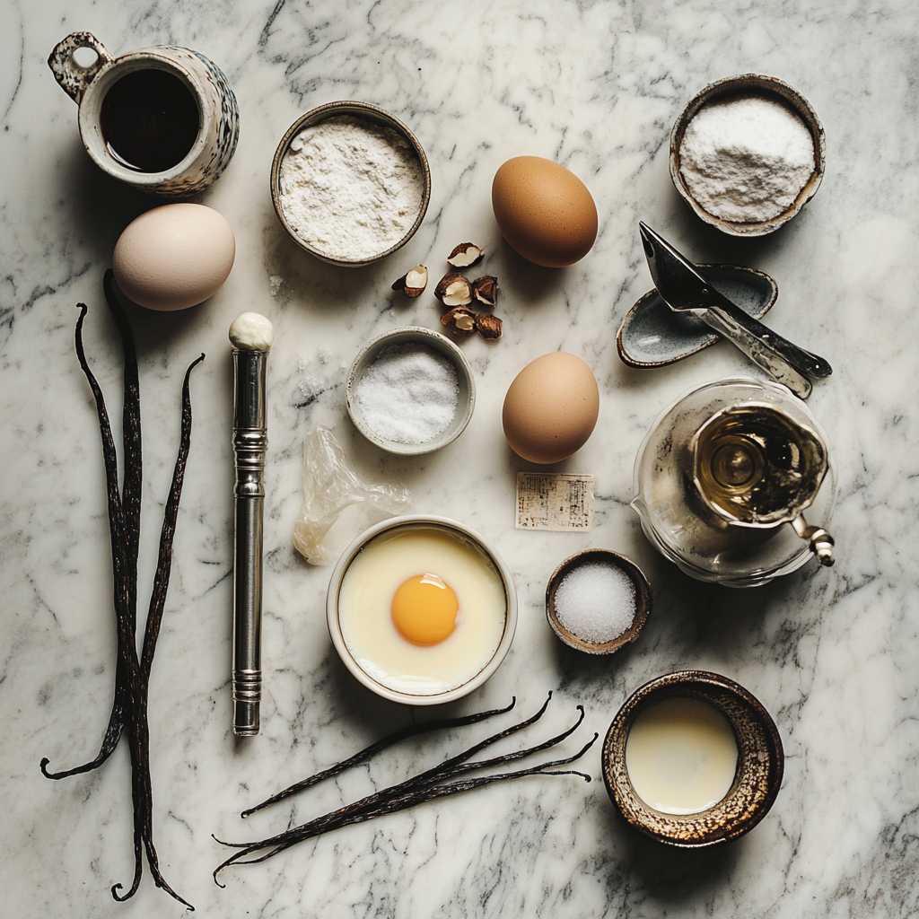 How to Perfectly Make Crème Brulee with a Blowtorch. A flat lay of crème brûlée ingredients on a kitchen countertop, including ramekins and a blowtorch