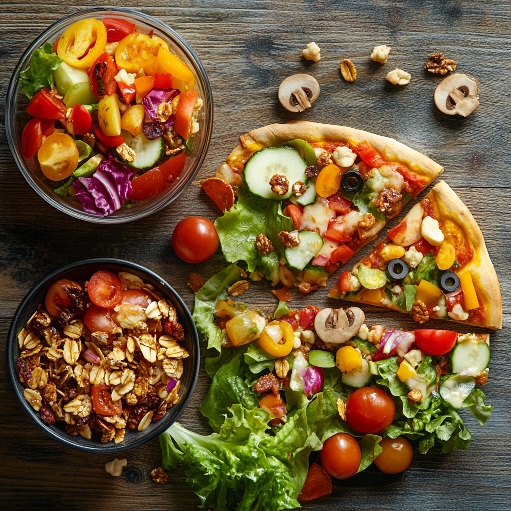 A variety of foods showcasing mixtures, including salad, pizza, and trail mix