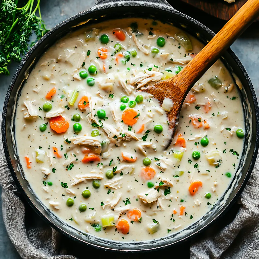 Adding vegetables to a pot of creamy chicken filling