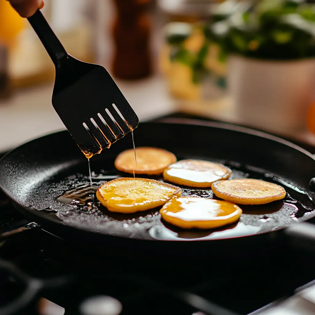 Pancakes flipping on a griddle